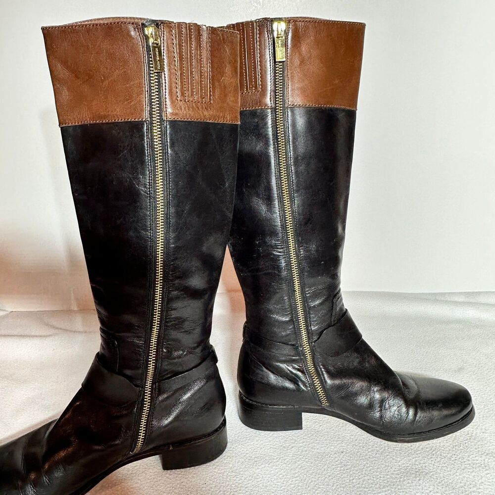 Michael Kors Fulton Harness Boot Black/Mocha Brown Leather Boot sz 7.5 - Picture 10 of 12